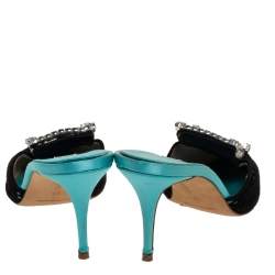 Manolo Blahnik Green Satin And Black Cut Out Suede Embellished Borli Mules Size 37