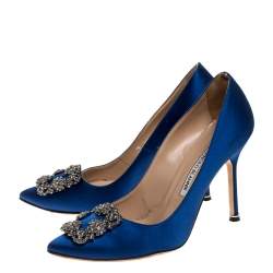 Pre Owned Manolo Blahnik Blue Satin Hangisi Crystal Embellished Pumps Size 38.5