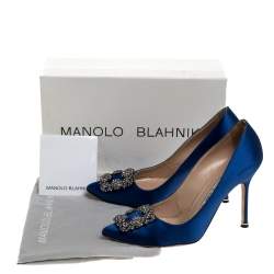 Pre Owned Manolo Blahnik Blue Satin Hangisi Crystal Embellished Pumps Size 38.5