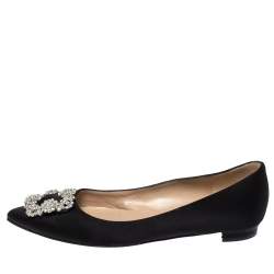 Pre Owned حذاء باليرينا فلات مانولو بلانيك هانغيسي ساتان أسود مقاس 38