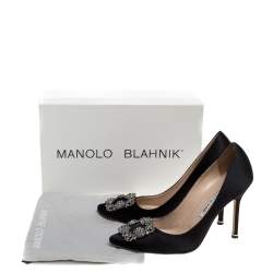 Pre Owned حذاء كعب عالي مانولو بلانيك "هانغيسي" مزخرف بكريستال ساتان أسود مقاس 38.5