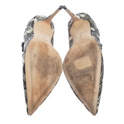 Pre Owned Manolo Blahnik White/Black Printed Satin Embellished Nadira Pumps Size 37.5