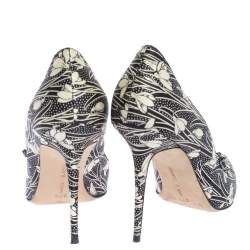 Pre Owned Manolo Blahnik White/Black Printed Satin Embellished Nadira Pumps Size 37.5
