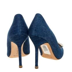 Pre Owned Manolo Blahnik Blue Denim Fabric Hangisi Pearl Embellished Pumps Size 39
