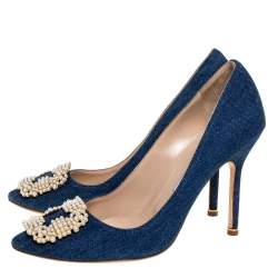 Pre Owned Manolo Blahnik Blue Denim Fabric Hangisi Pearl Embellished Pumps Size 39