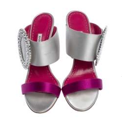 Pre Owned Manolo Blahnik Grey/Purple Satin Fibiona Crystal Embellished Open Toe Sandals Size 38.5