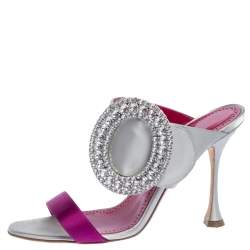 Pre Owned Manolo Blahnik Grey/Purple Satin Fibiona Crystal Embellished Open Toe Sandals Size 38.5