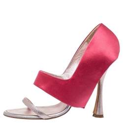 Manolo Blahnik Pink/Metallic Satin And Leather Heel Cover Open Toe Sandals Size 38.5