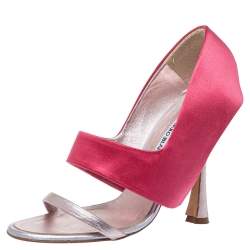 Manolo Blahnik Pink/Metallic Satin And Leather Heel Cover Open Toe Sandals Size 38.5