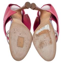 Manolo Blahnik Pink/Metallic Satin And Leather Heel Cover Open Toe Sandals Size 38.5