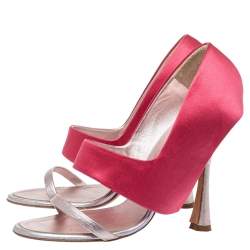 Manolo Blahnik Pink/Metallic Satin And Leather Heel Cover Open Toe Sandals Size 38.5