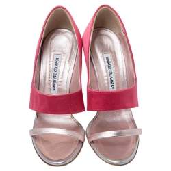 Manolo Blahnik Pink/Metallic Satin And Leather Heel Cover Open Toe Sandals Size 38.5