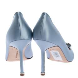 Pre Owned Manolo Blahnik Grey Satin Hangisi Crystal Embellished Pointed Toe Pumps Size 40.5