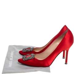 Pre Owned Manolo Blahnik Red Satin Hangisi Embellished Pointed Toe Pumps Size 37.5