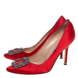 Pre Owned Manolo Blahnik Red Satin Hangisi Embellished Pointed Toe Pumps Size 37.5