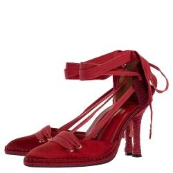 Castaner By Manolo Blahnik Red Satin And Canvas Espadrille Pointed Toe Ankle Tie Sandals Size 39