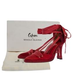 Castaner By Manolo Blahnik Red Satin And Canvas Espadrille Pointed Toe Ankle Tie Sandals Size 39