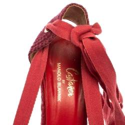 Castaner By Manolo Blahnik Red Satin And Canvas Espadrille Pointed Toe Ankle Tie Sandals Size 39