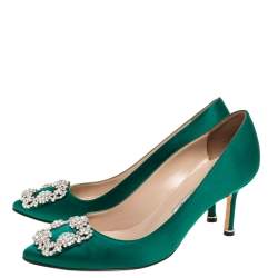 Pre Owned Manolo Blahnik Green Satin Hangisi Crystal Embellished Pumps Size 37