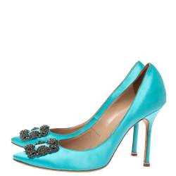 Pre Owned Manolo Blahnik Blue Satin Hangisi Crystal Embellished Pumps Size 40.5