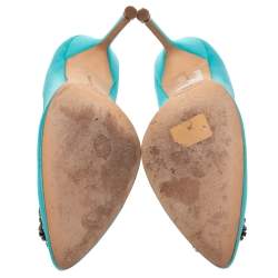 Pre Owned Manolo Blahnik Blue Satin Hangisi Crystal Embellished Pumps Size 40.5