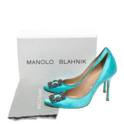 Pre Owned Manolo Blahnik Blue Satin Hangisi Crystal Embellished Pumps Size 40.5