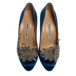 Pre Owned Manolo Blahnik Blue Satin Embellished Swan Pumps Size 39