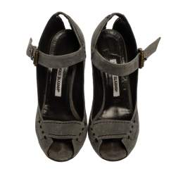 Manolo Blahnik Grey Suede Leather Peep Toe Ankle Strap Sandals Size 39