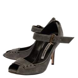 Manolo Blahnik Grey Suede Leather Peep Toe Ankle Strap Sandals Size 39
