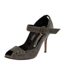 Manolo Blahnik Grey Suede Leather Peep Toe Ankle Strap Sandals Size 39