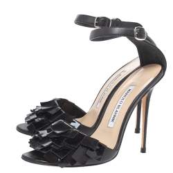 Pre Owned Manolo Blahnik Black Leather Fringed Ankle Strap Sandals Size 36