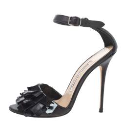 Pre Owned Manolo Blahnik Black Leather Fringed Ankle Strap Sandals Size 36