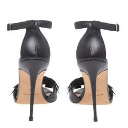 Pre Owned Manolo Blahnik Black Leather Fringed Ankle Strap Sandals Size 36