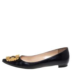 Pre Owned Manolo Blahnik Black Leather Hangisi Embellished Ballet Flats Size 39.5