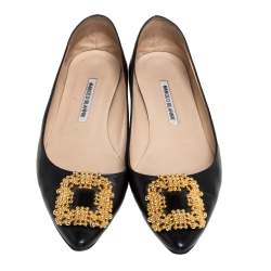 Pre Owned Manolo Blahnik Black Leather Hangisi Embellished Ballet Flats Size 39.5