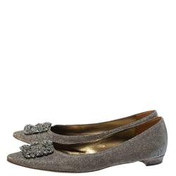 Pre Owned Manolo Blahnik Metallic Grey Glitter Fabric Crystal Embellishments Hangisi Ballet Flats Size 41