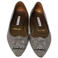 Pre Owned Manolo Blahnik Metallic Grey Glitter Fabric Crystal Embellishments Hangisi Ballet Flats Size 41