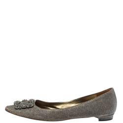 Pre Owned Manolo Blahnik Metallic Grey Glitter Fabric Crystal Embellishments Hangisi Ballet Flats Size 41