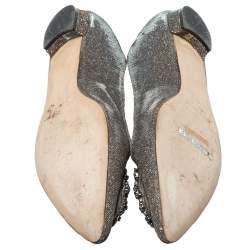 Pre Owned Manolo Blahnik Metallic Grey Glitter Fabric Crystal Embellishments Hangisi Ballet Flats Size 41
