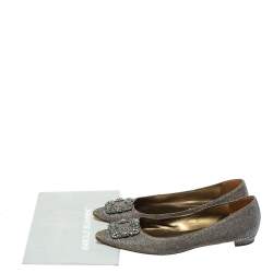Pre Owned Manolo Blahnik Metallic Grey Glitter Fabric Crystal Embellishments Hangisi Ballet Flats Size 41