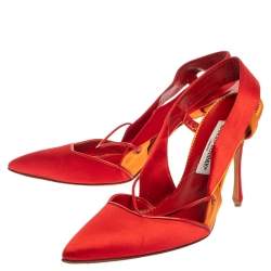 Manolo Blahnik Red/Orange Satin Pointed Toe Slingback Sandals Size 40.5