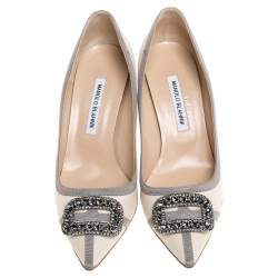 Pre Owned Manolo Blahnik Beige Satin Gotrian Crystal Embellished Pointed Toe Pumps Size 40.5