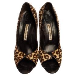 Pre Owned Manolo Blahnik Brown Animal Print Calf Hair Open Toe Pumps Size 42