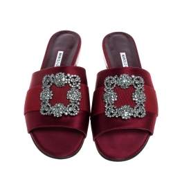 Pre Owned Manolo Blahnik Burgundy Satin Martamod Flats Size 40