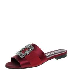 Pre Owned Manolo Blahnik Burgundy Satin Martamod Flats Size 40