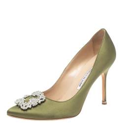 Pre Owned Manolo Blahnik Green Satin Hangisi Pumps Size 39.5