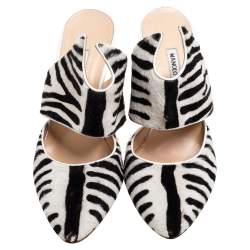Manolo Blahnik Monochrome Zebra Print Pony Hair Pointed Toe Mules Size 39.5