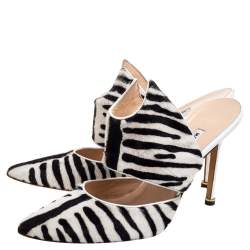 Manolo Blahnik Monochrome Zebra Print Pony Hair Pointed Toe Mules Size 39.5