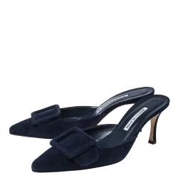 Manolo Blahnik Dark Blue Suede Maysale Pointed Toe Mule Sandals Size 40