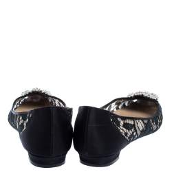 Pre Owned Manolo Blahnik Black Lace and Satin Hangisi Ballet Flats Size 38.5